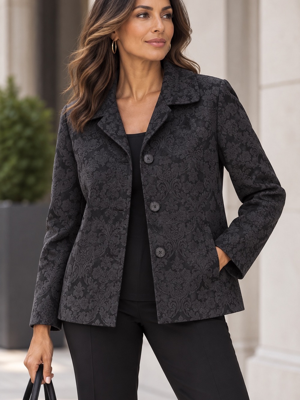 J. Jill 16P Petite Black Damask Jacquard Blazer Jacket 3 Button Stretch